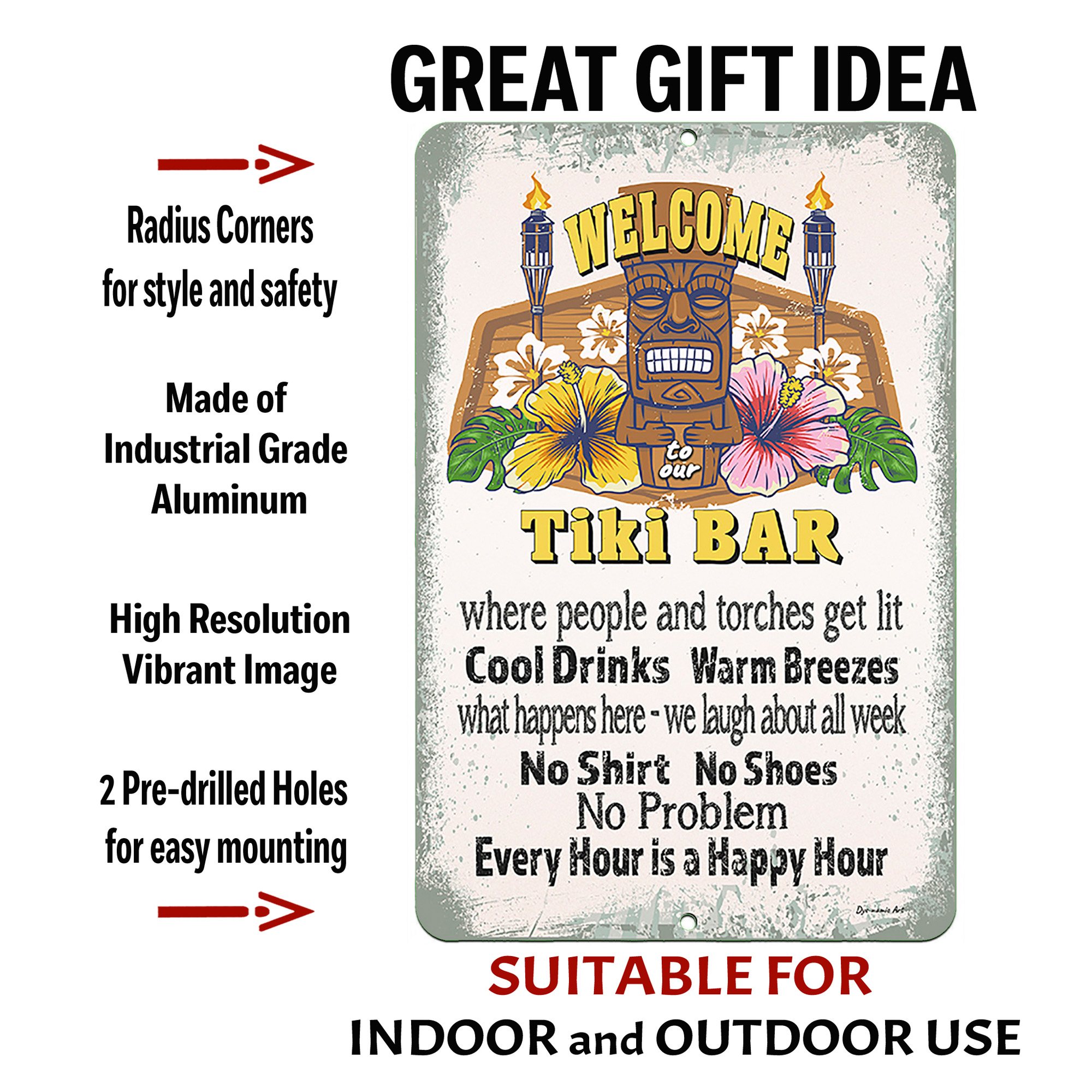 Dyenamic Art Tiki Bar Welcome Metal Sign Luau Themed Decor - Beige - 12