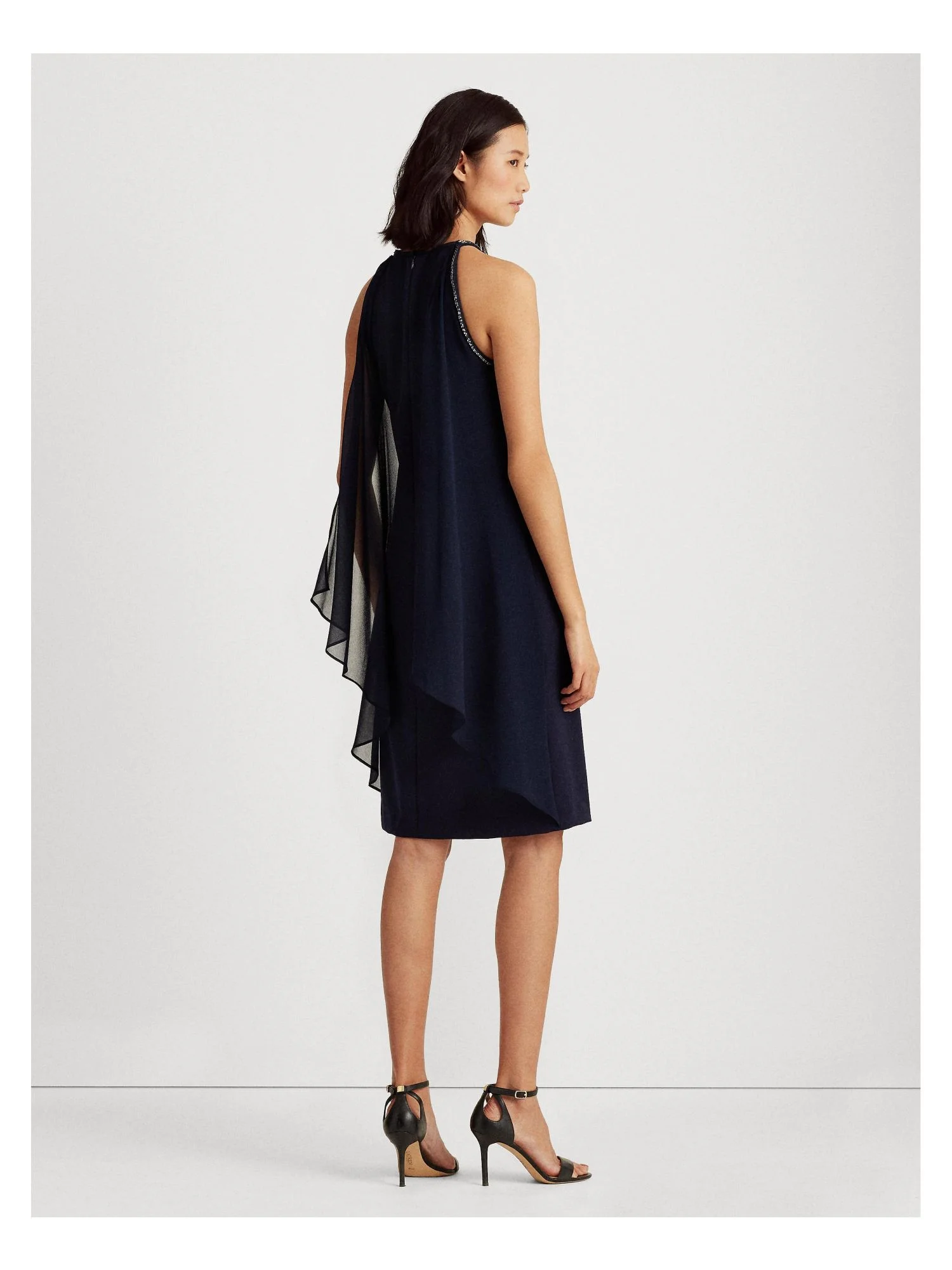 RALPH LAUREN Womens Navy Beaded Sheer Draped Side Sleeveless Crew Neck Knee Length Sheath Dress 2