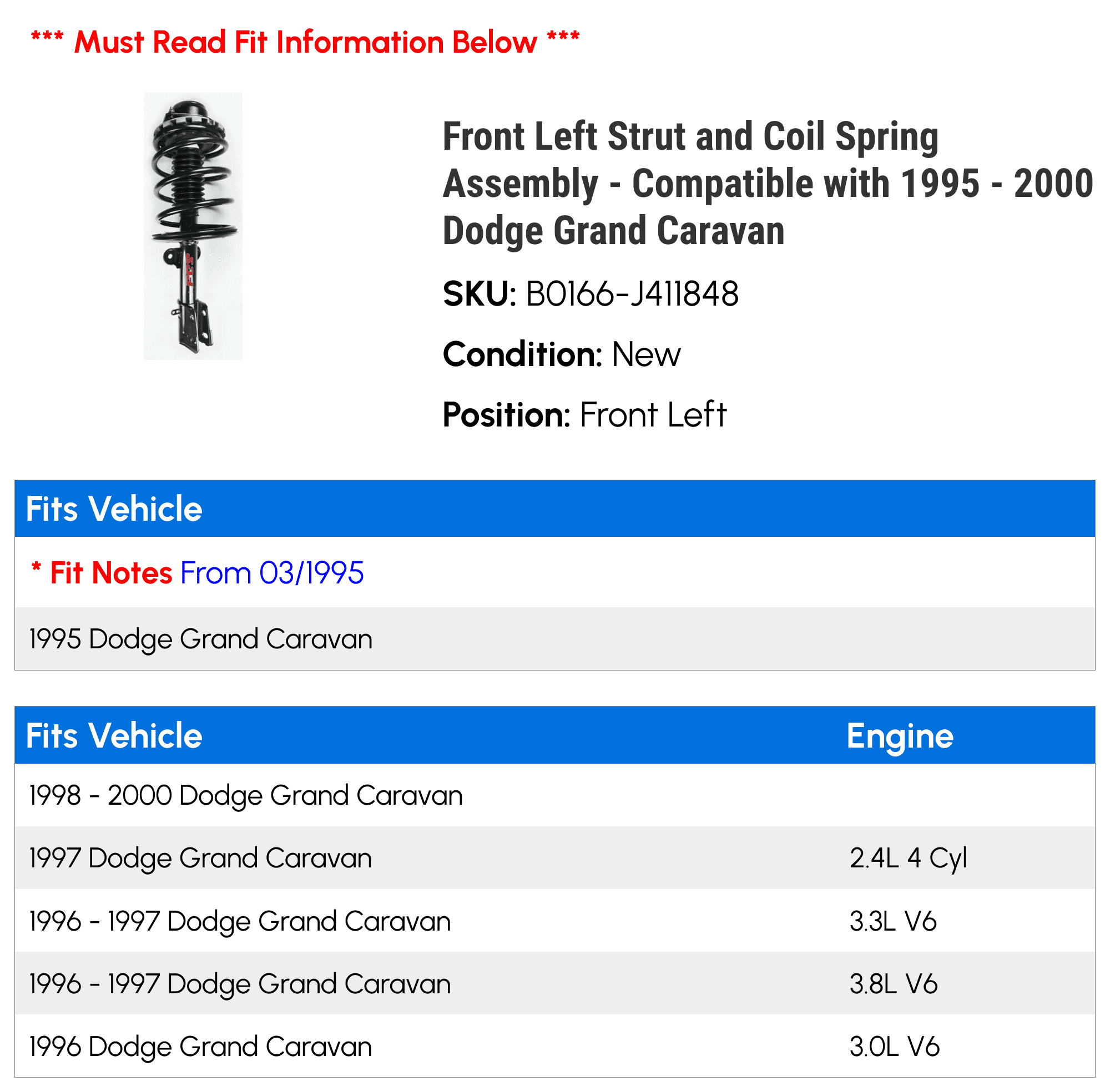 Front Left Strut and Coil Spring Assembly - Compatible with 1995 - 2000 Dodge Grand Caravan 1996 1997 1998 1999