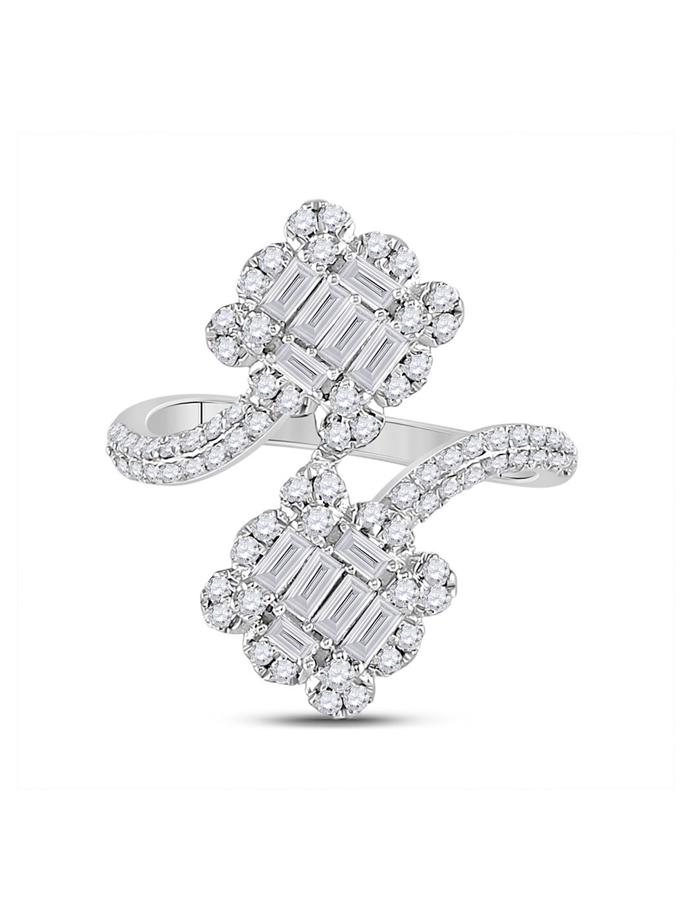 14kt White Gold Womens Baguette Diamond Bypass Fashion Ring 1 Cttw