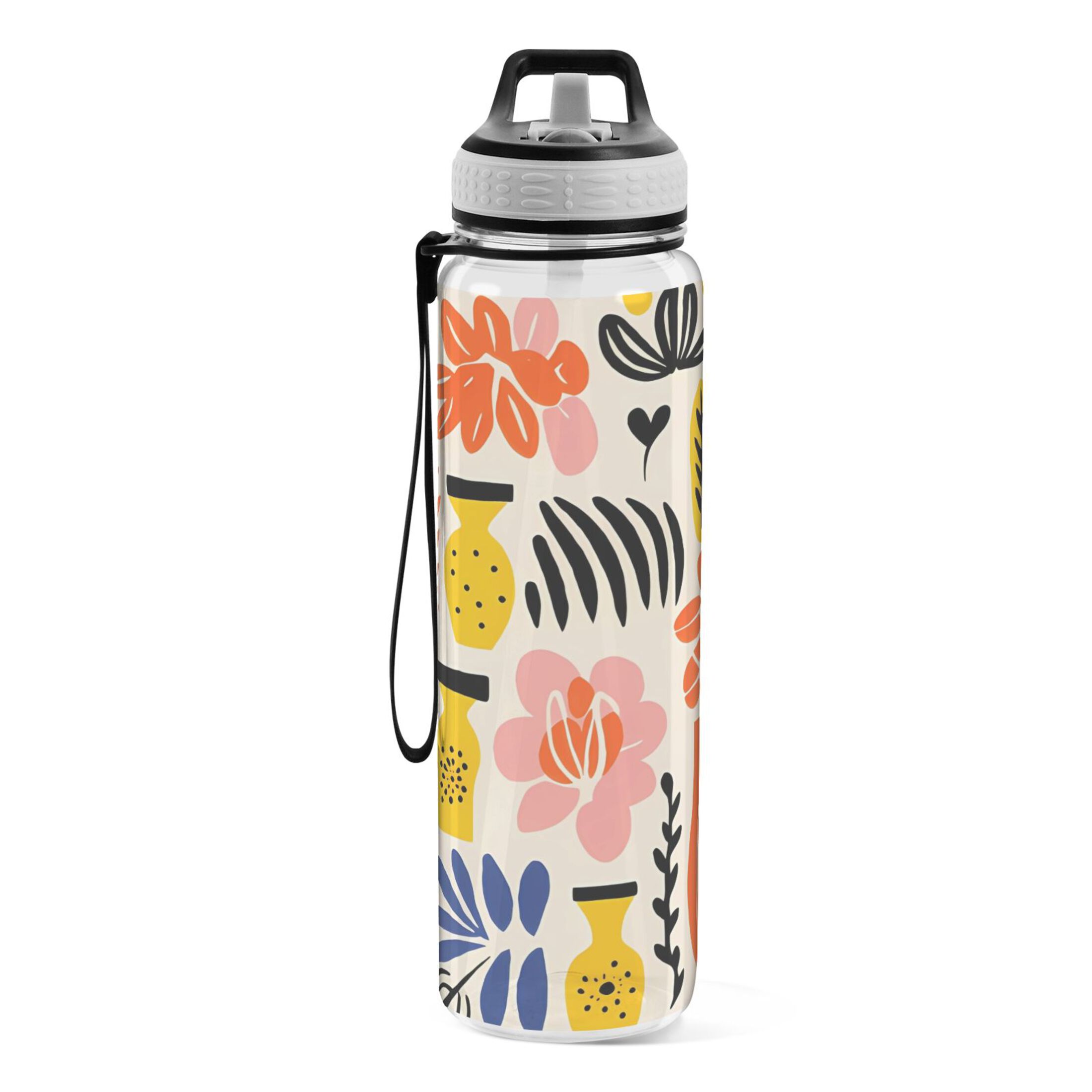 Floral Flowers 32oz Water Bottles with Straw Tritan Leakproof Sports Bottle BPA Free Clear for Fitness Gym Swimming Cycling