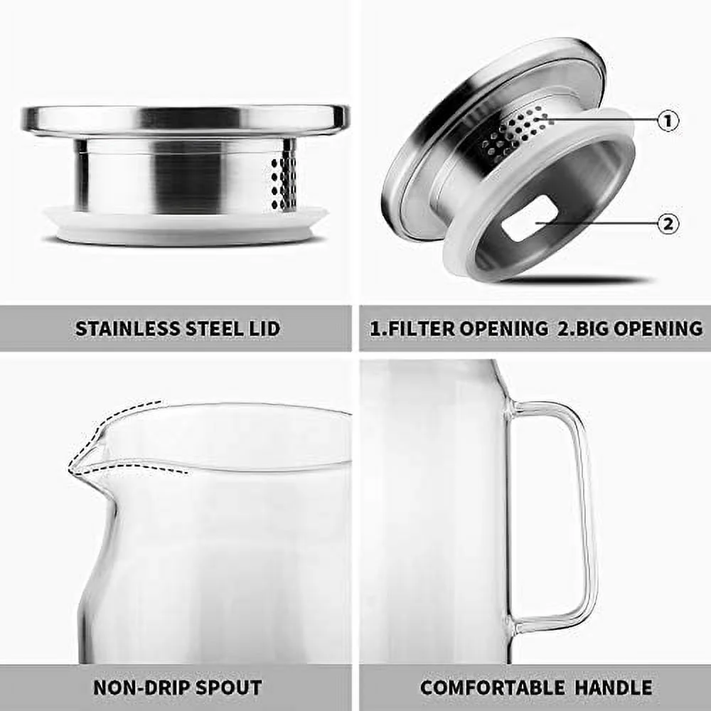 Fymlhomi Glass Pitcher with Lid and Handle, 50 oz/1500ml Water Pitcher, Pitcher for Ice Tea and Homemade Juice, Heat Resistant Borosilicate Glass Carafe for Hot/Cold Water.