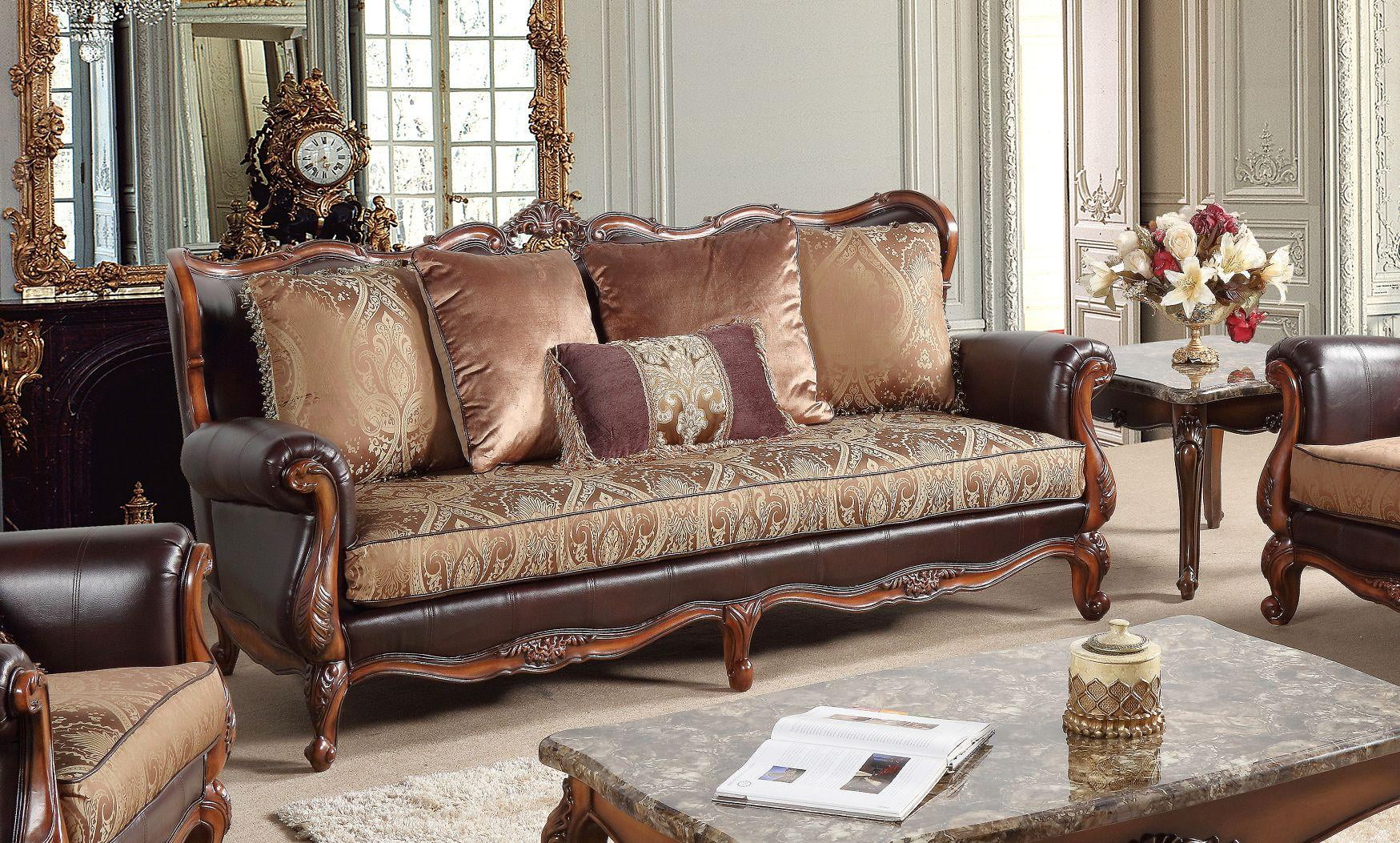 Cherry finish Wood Pattern Fabric Sofa Set 2Pc Traditional Cosmos Furniture Anne