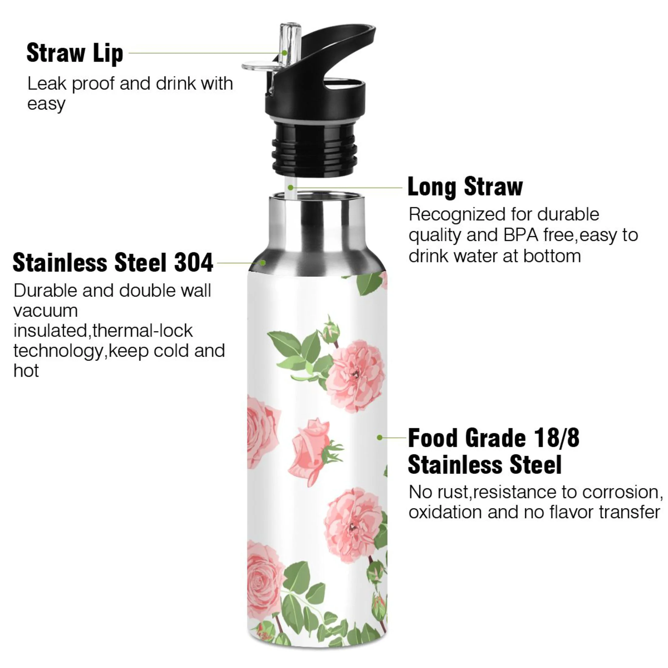 Roses with Green Leaves Water Bottles Insulated Thermos Kids Stainless Steel Bottle with Straw Lid Flask Leakproof for Sports Gym 20 oz