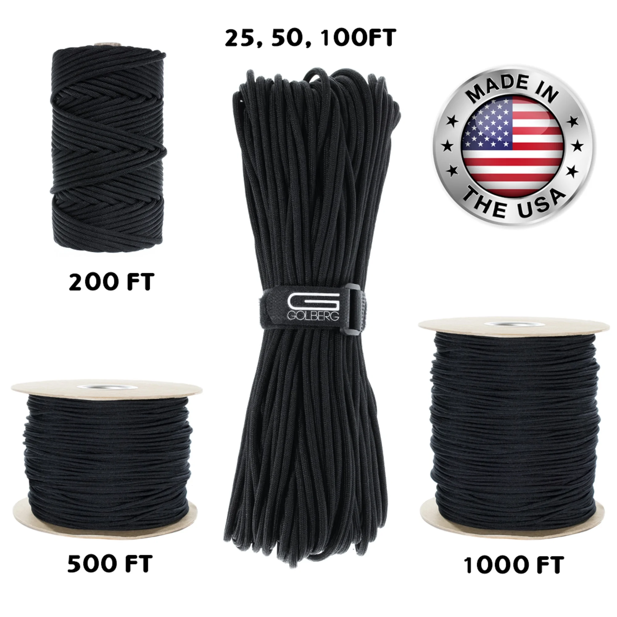 GOLBERG 550lb Parachute Cord Paracord - 100% Nylon USA Made Mil-Spec Type III Paracord - Used by the US Military - Multiple Colors & Lengths Available
