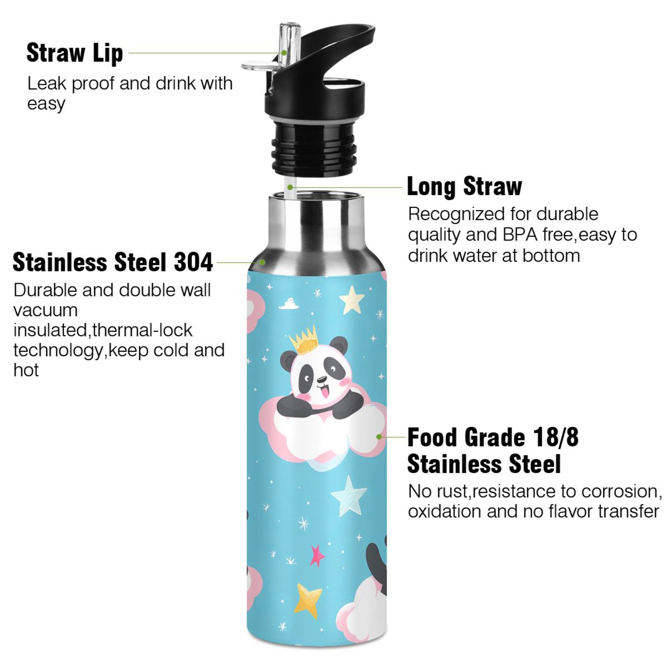 Cartoon Pandas and Stars Water Bottles Insulated Thermos Kids Stainless Steel Bottle with Straw Lid Flask Leakproof for Sports Gym 20 oz