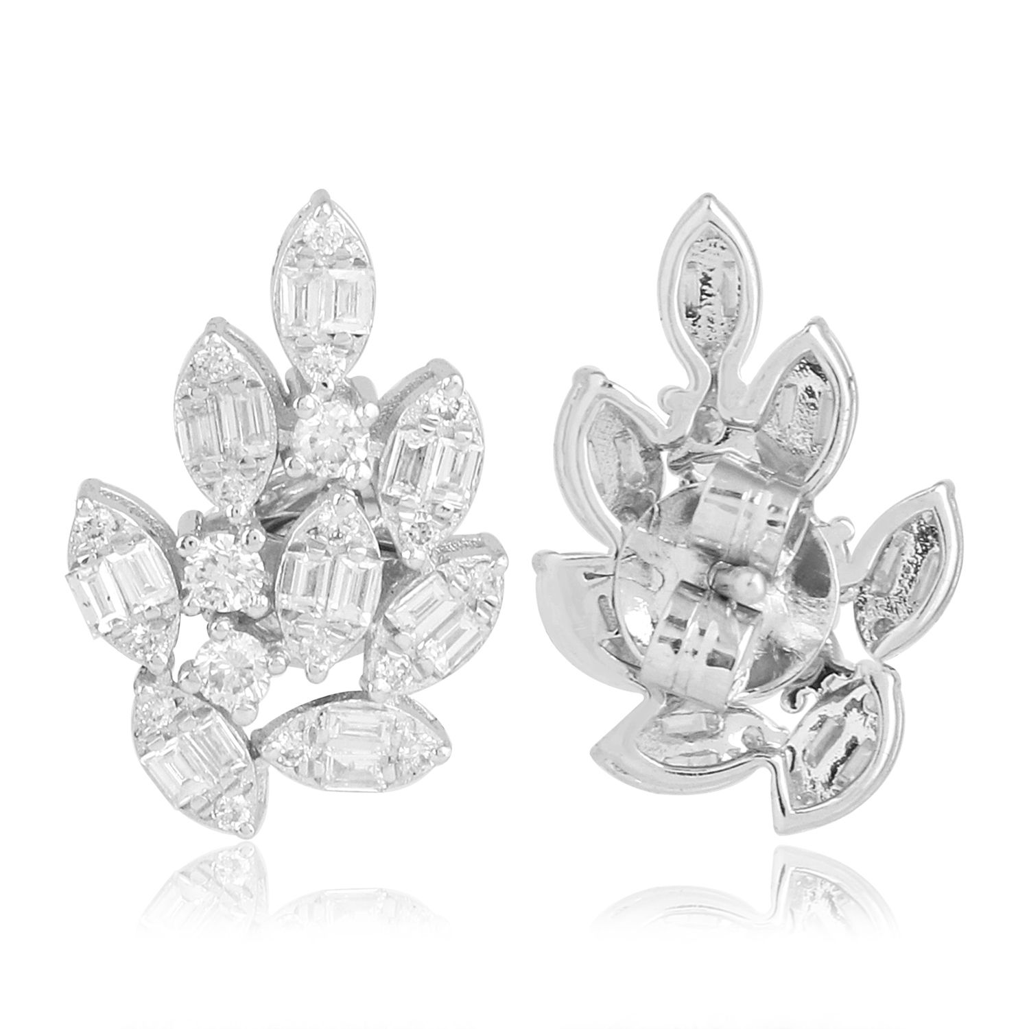 18k White Gold Natural 1.20 TCW HI/SI Baguette Round Diamond Fine Stud Earrings