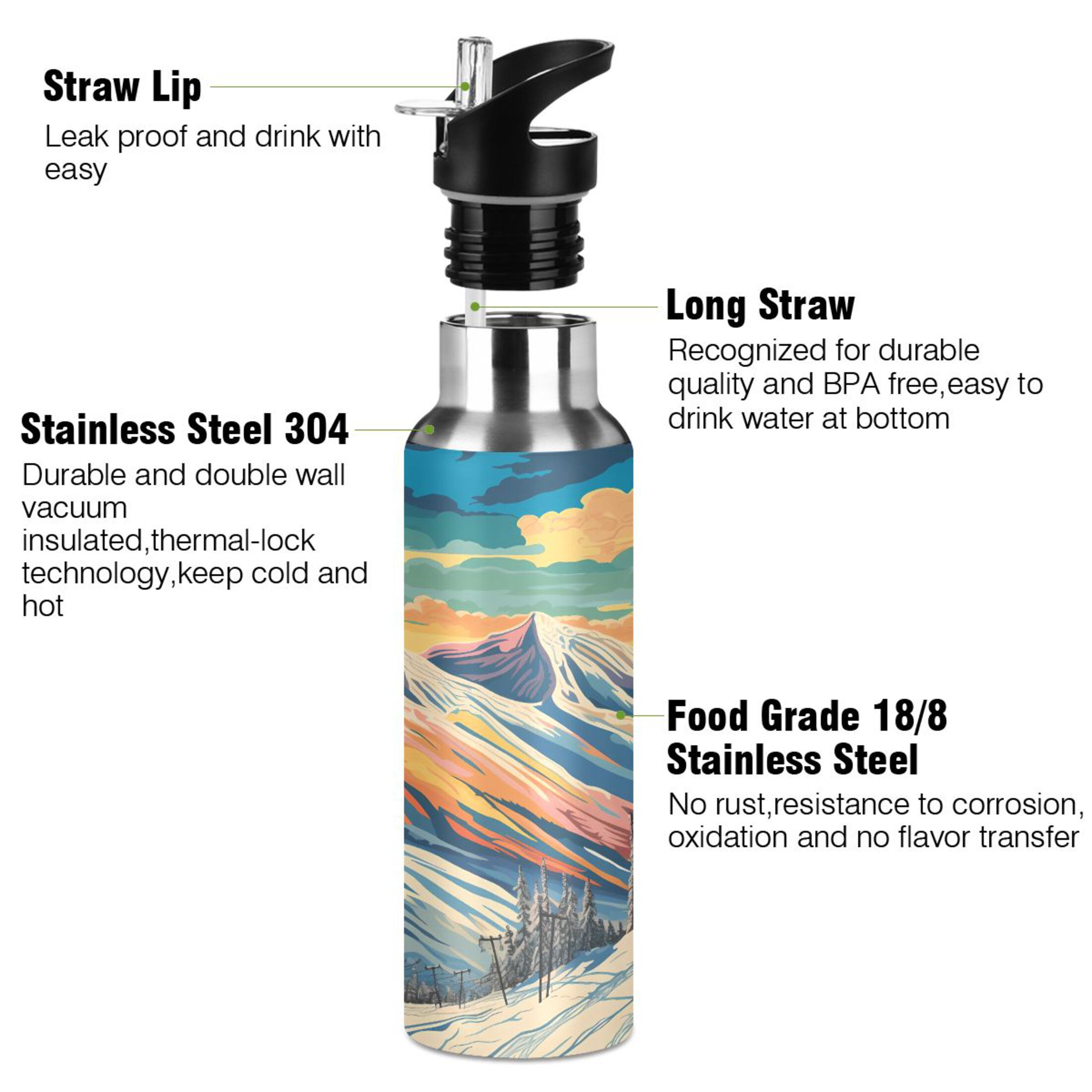 Water Bottle with Straw Lid Leak Mountains and Winter Stainless Steel Insulated Thermos Vacuum Flask for Cold Hot Drinking for Sports Camping Gym Yoga