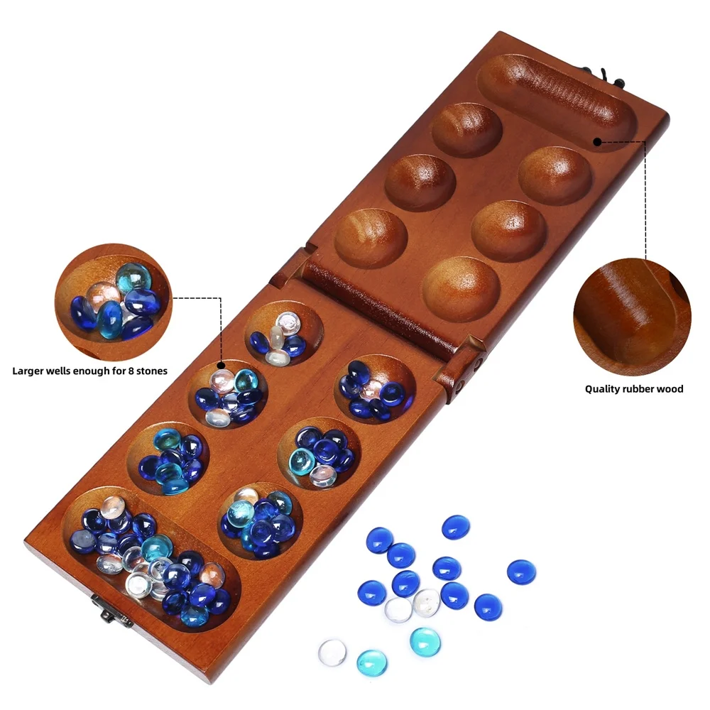 Mancala Board Game Set for Kids & Adults, Includes Portable Folding Rubber Wood Board,Stones Storage Bag & Mancala Instructions.  Classic Marble Board Game for Family.
