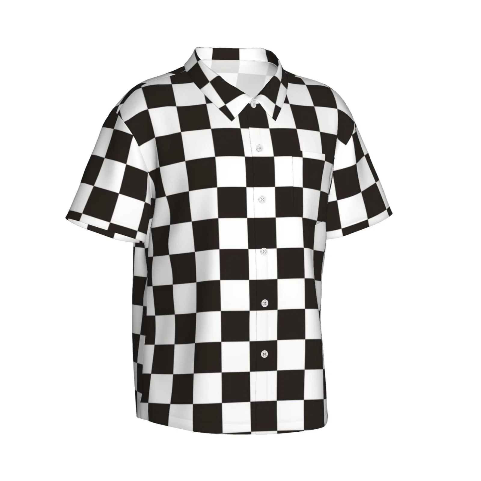 Easygdp Black and White Checkerboard Men's Hawaiian Shirts Print Lapel Short Sleeve for Beach, vacation, party, casual occasions - Small