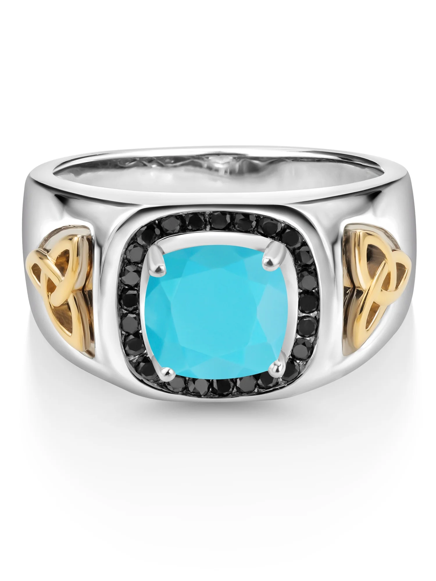 Gem Stone King Men's 925 Sterling Silver and 10K Yellow Gold Green Turquoise and Black Diamond Ring (2.31 Cttw, Gemstone Birthstone, Available In Size 7, 8, 9, 10, 11, 12, 13)