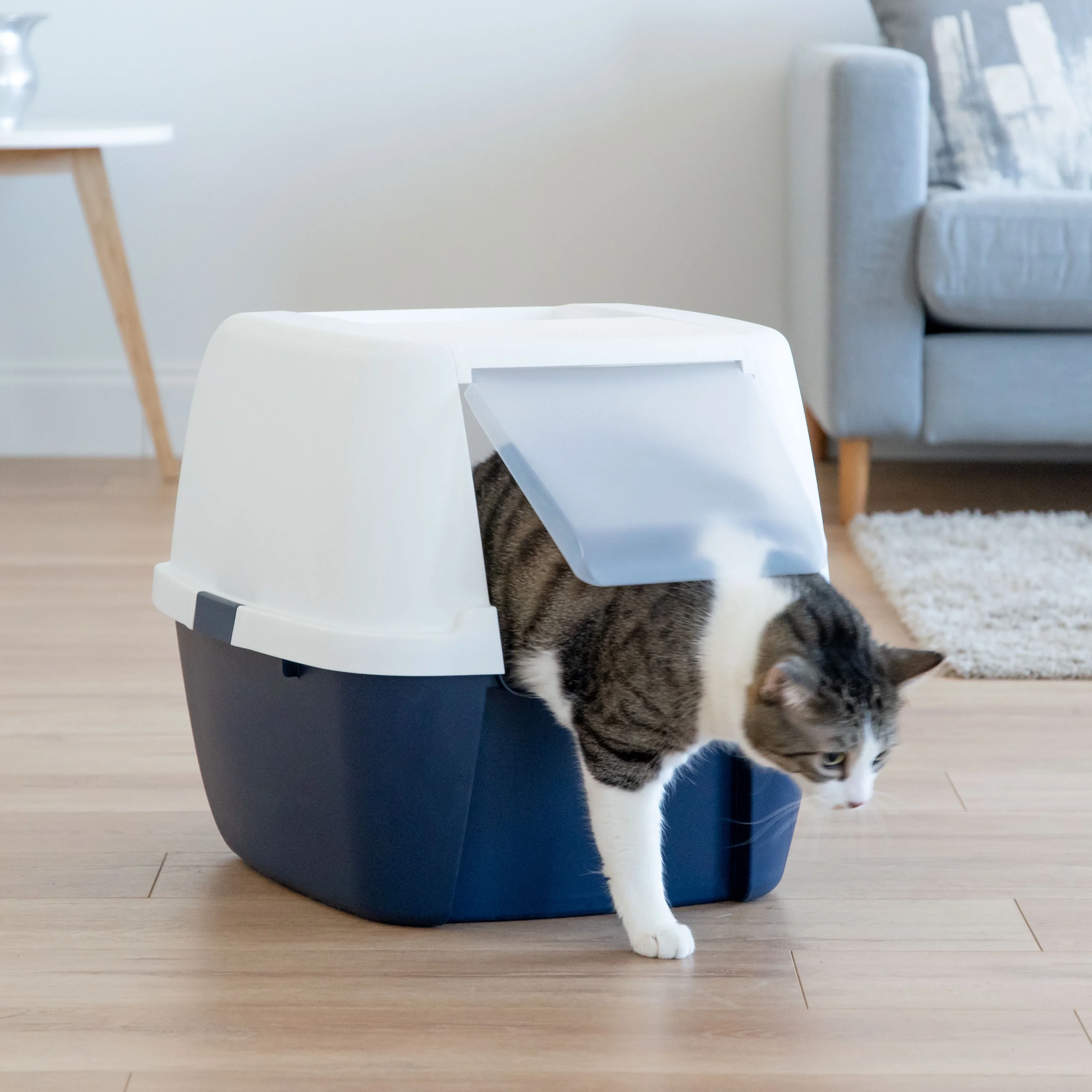 IRIS USA, Jumbo Hooded Cat Litter Box with Carrying Handle and Entry Flap, Large, Navy-White