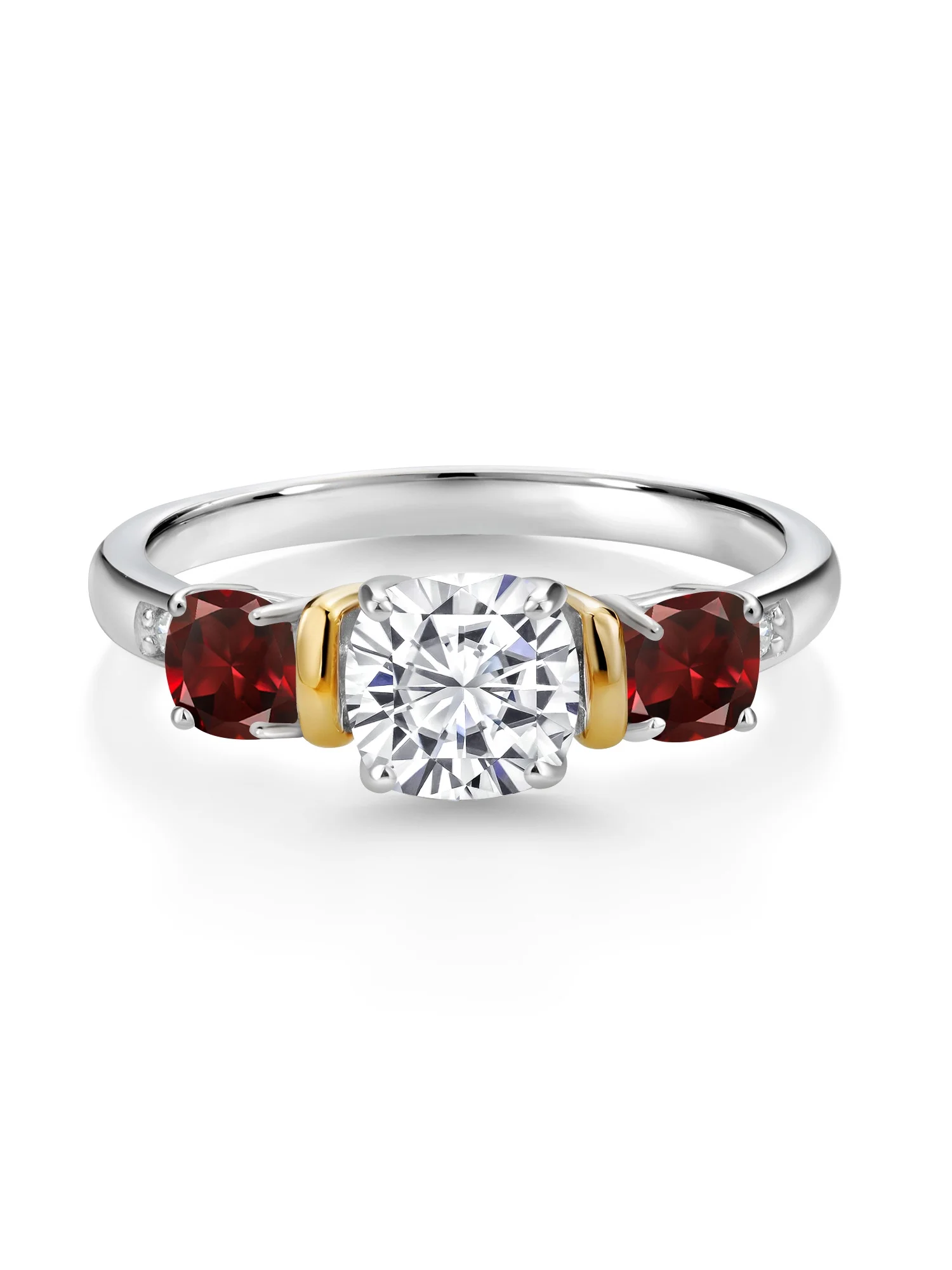 Gem Stone King 925 Silver and 10K Yellow Gold Red Garnet Diamond 3-Stone Ring Set with Moissanite (1.98 Cttw)