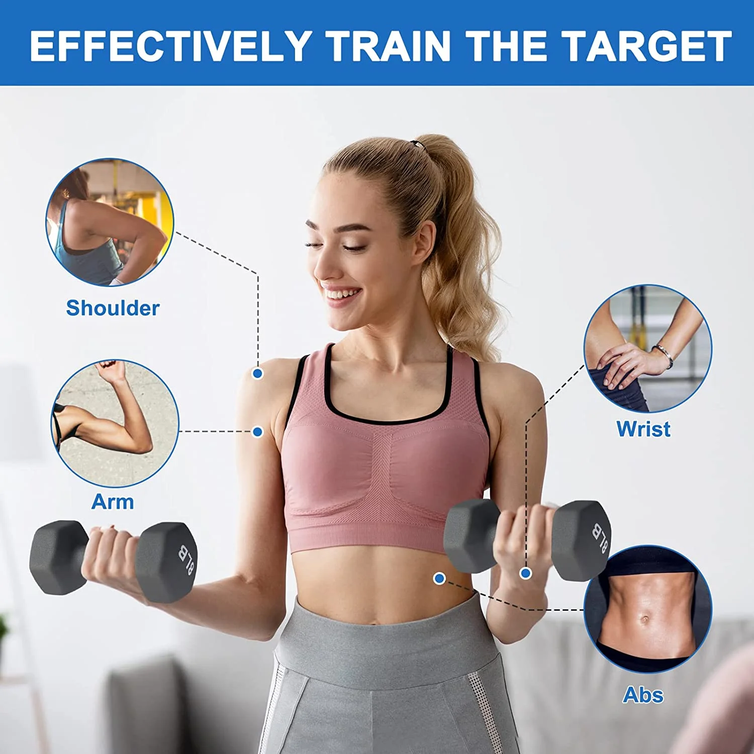 RELIFE REBUILD YOUR LIFE 8lb Hex Neoprene Dumbbells Set of 2 Non Slip Strength Weights Home Fitness