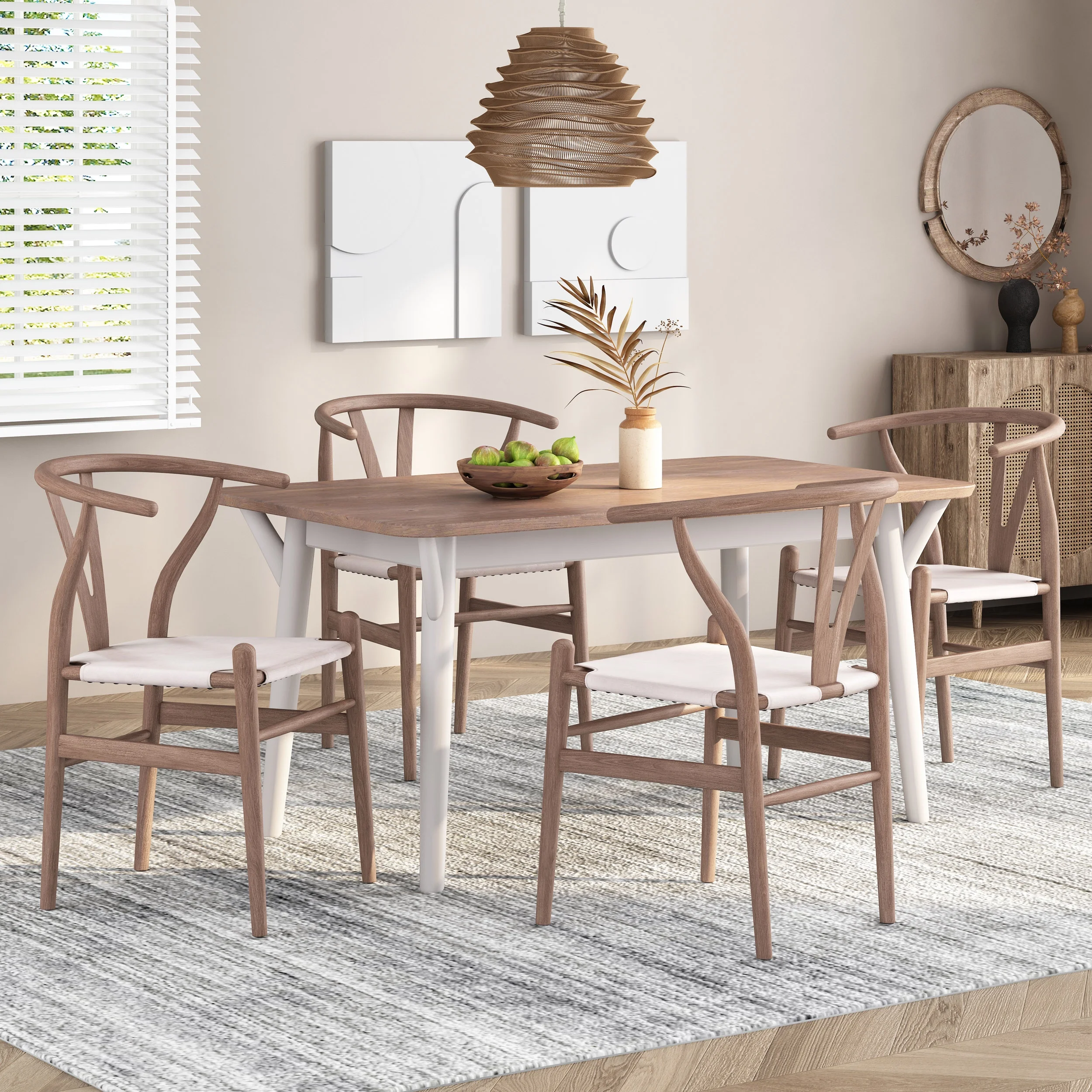 GDF Studio Quince Mid Century Boho Faux Leather and Ash Wood Dining Chairs, Set of 4, Tan and Antique