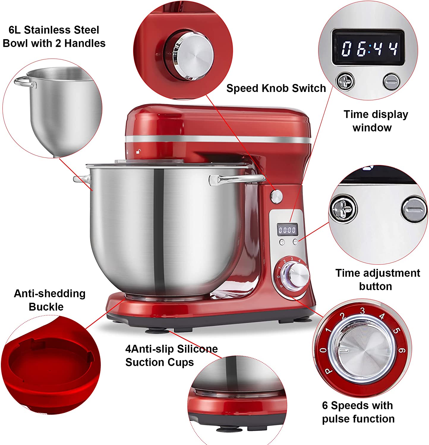 YU Kitchen Electric Stand Mixer, 6-Speed Tilt-Head Food Mixer with 6.5-QT Stainless Steel Bowl, Dough Hook, Flat Beater, Whisk and Anti-Splash Cover, (6.5QT, Red)