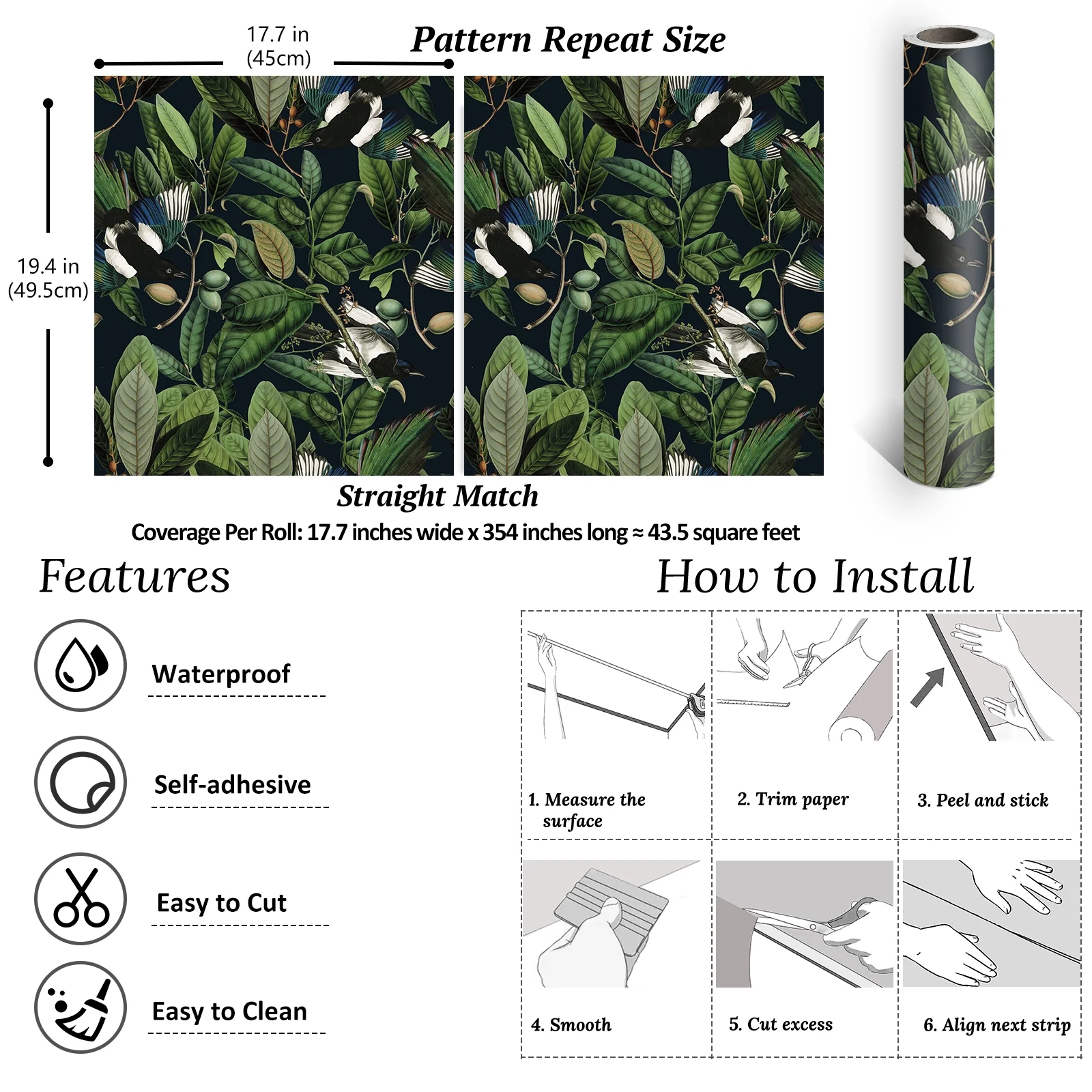 VEELIKE Tropical Jungle Leaf Wallpaper Peel and Stick Wallpaper 17.7''x354'' Exotic Birds Fruits Floral Wallpaper Removable Self Adhesive Decorative Contact Paper for Walls Cabinets Shelves Bedroom