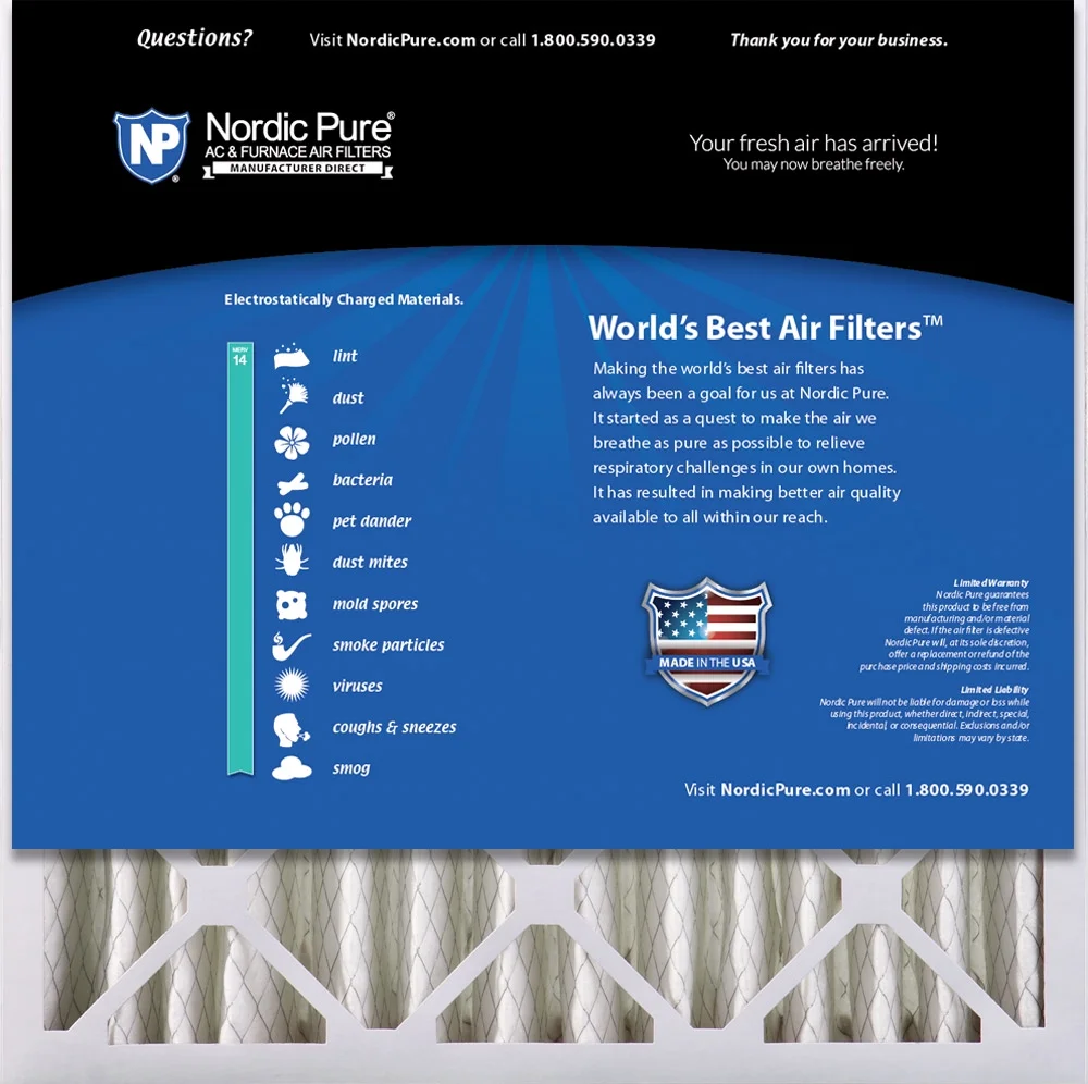 Nordic Pure 20x20x4 (3 5/8) Pleated MERV 14 Air Filter 1 Pack