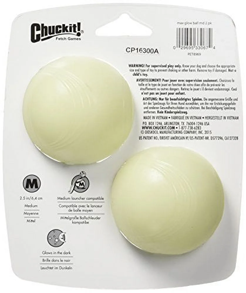 Chuckit Max Glow Ball Dog Toy, Medium (2.5 Inch Diameter) for dogs 20-60 lbs, Pack of 2