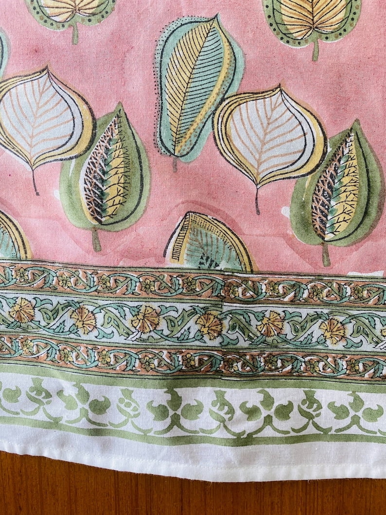 Salmon Pink Indian Hand Block Leaves Printed Cotton Tablecloth, Table Cover, Housewarming Home Wedding Events Party Picnic Restaurant Gifts