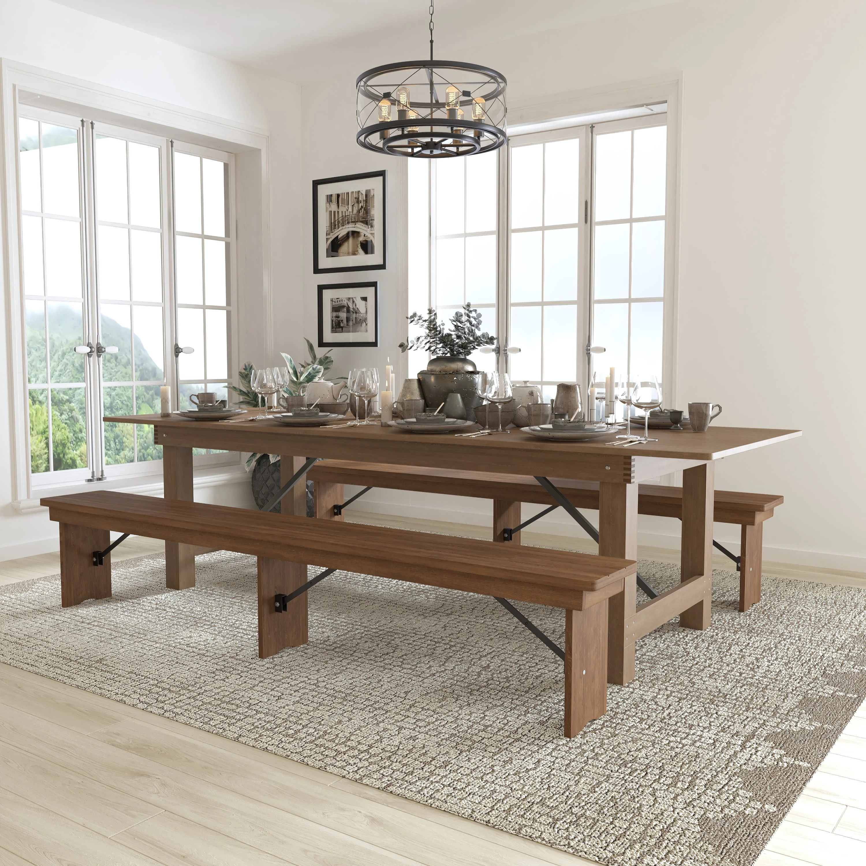 Flash Furniture HERCULES Series 9' x 40'' Antique Rustic Folding Farm Table and Two Bench Set