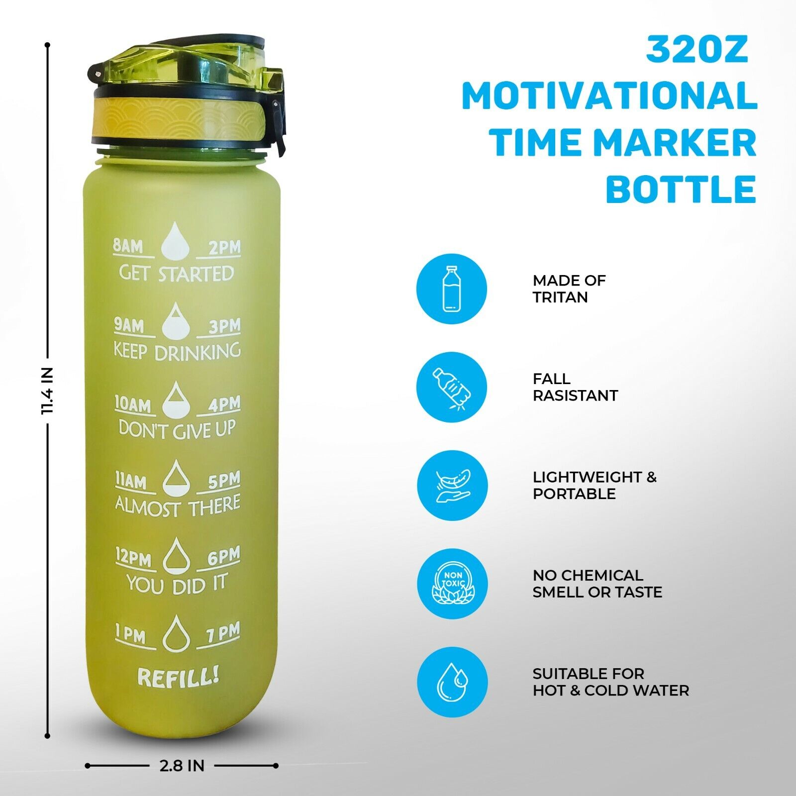 Sports Motivational Drinking Water Bottle With Time Marker 32 Oz ( Green Color)