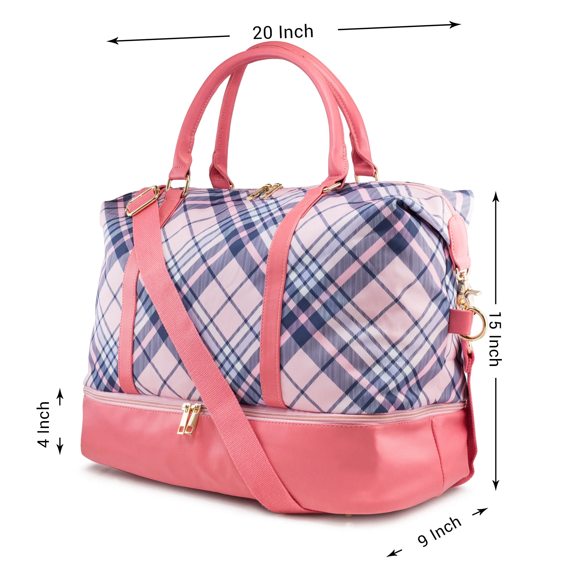 Weekender Bag Travel Duffle for Women Men Overnight Carry On Tote with Shoe Compartment and Luggage Sleeve- Pink Plaid