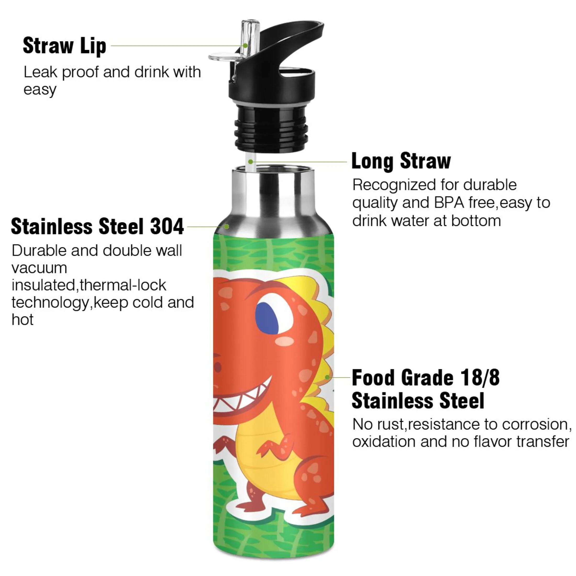 Stainless Steel Water Bottle Cute Dinosaur Pattern with Straw Lid Vacuum Insulated Keeps Hot and Cold Leak Proof Flask Jug for Gym Travel Sports Cycling Outdoor 20 OZ