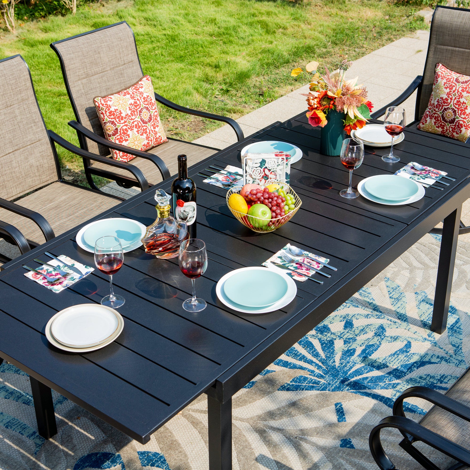 Summit Living 9-Piece Outdoor Dining Set with High Back Swivel Padded Chairs & Extendable Table for 8-Person, Black & Tan