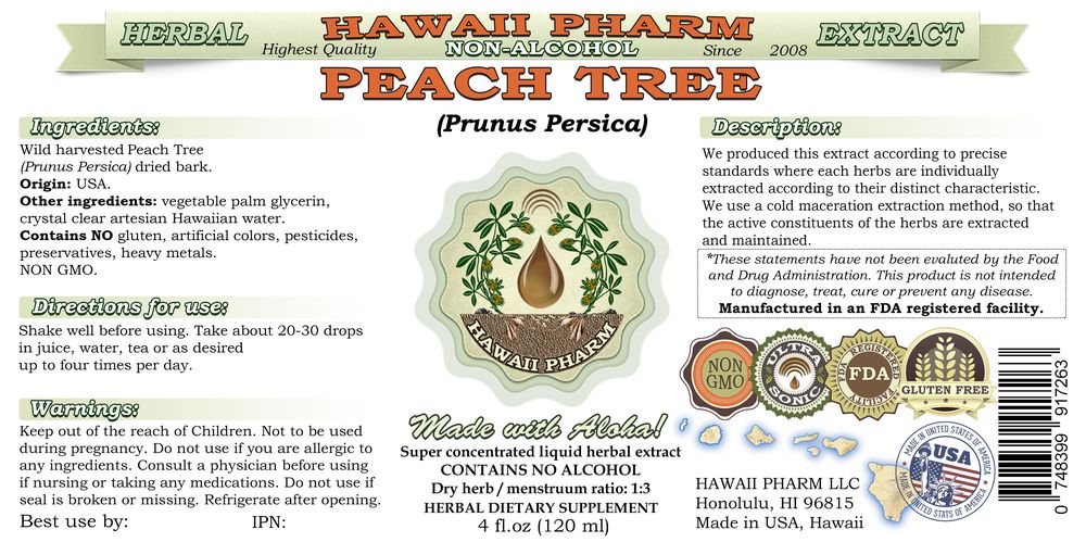Peach Tree (Prunus Persica) Glycerite, Dried Bark Alcohol-Free Liquid Extract, Tao Ren, Glycerite Herbal Supplement 2x4 oz