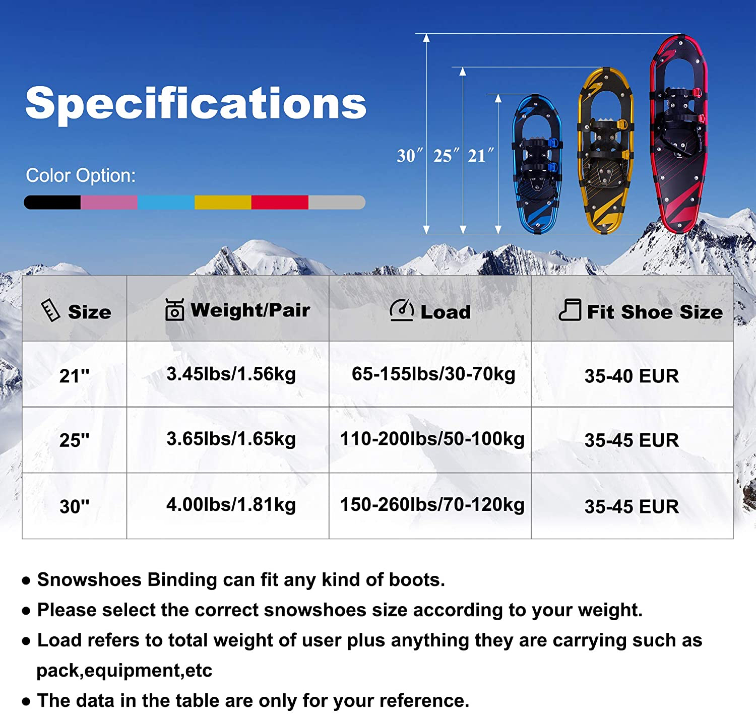 Light Weight Snowshoes for Women Men Youth Kids, Aluminum Terrain Snow Shoes 21/25/30 Inches.