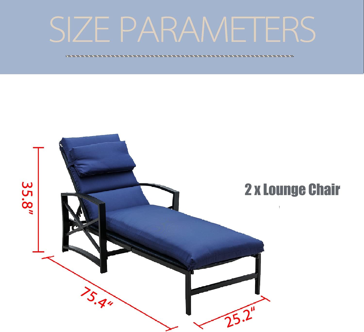 2 Piece Patio Chaise Lounge Chair Outdoor Furniture Set All Weather Metal Adjustable Backrest And Armchair With Removable Comfy Cushions, Blue
