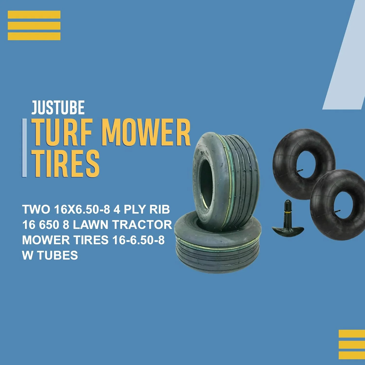 Two 16x6.50-8 4 Ply Rib 16 650 8 Lawn Tractor Mower Tires 16-6.50-8 W Tubes, Equipped with Tubes for Convenient and Worry-Free Installation, Perfect for Precision Lawn Care