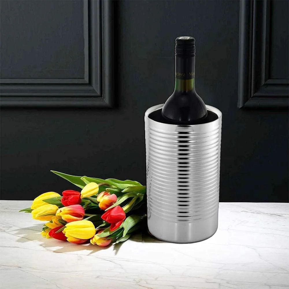 Wine Chiller Bucket - Double Wall Stainless Steel Barware - Wine & Champagne Holder - Cooler For Home, Bars, Restaurants, Use - Ribbed & Shiny, 1.6 Qt