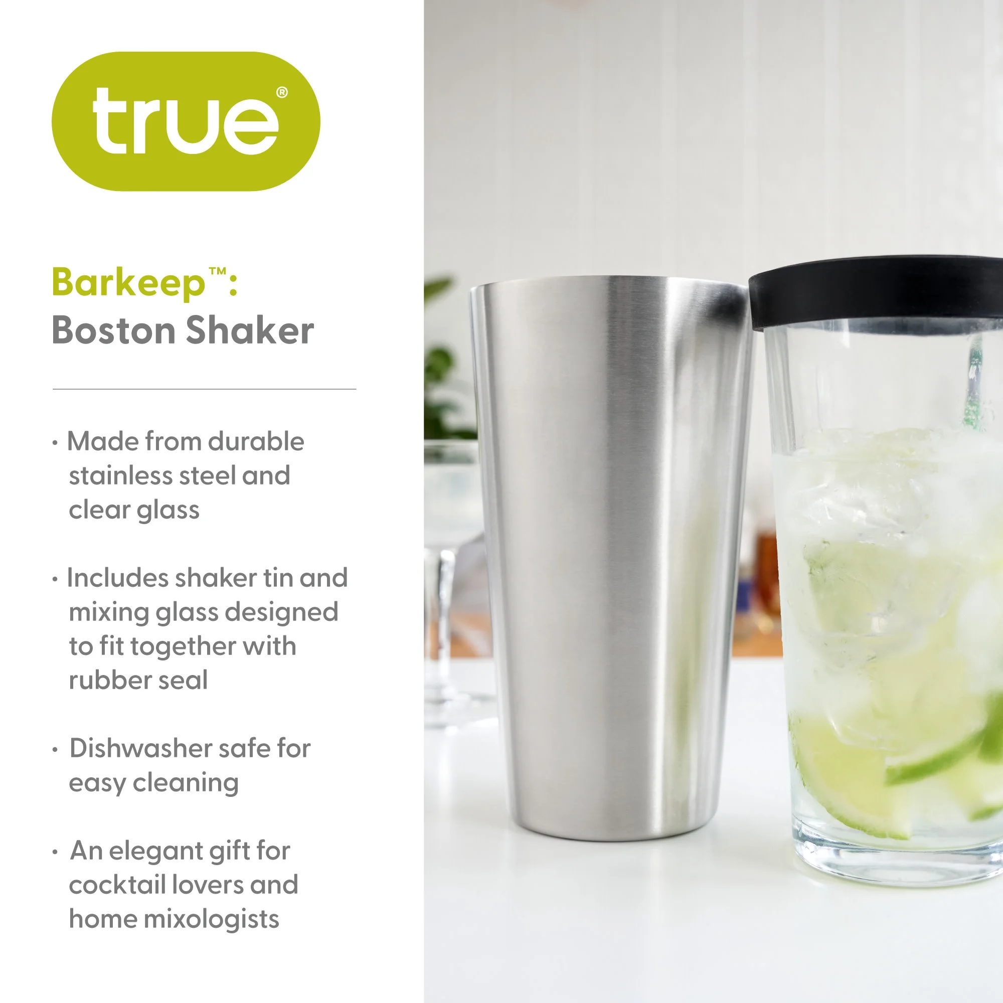 True Barkeep Boston Shaker, Stainless Steel Cocktail Tin & Mixing Glass with Rubber Seal and Measurements, 28 Oz and 16 Oz,  Set of 2