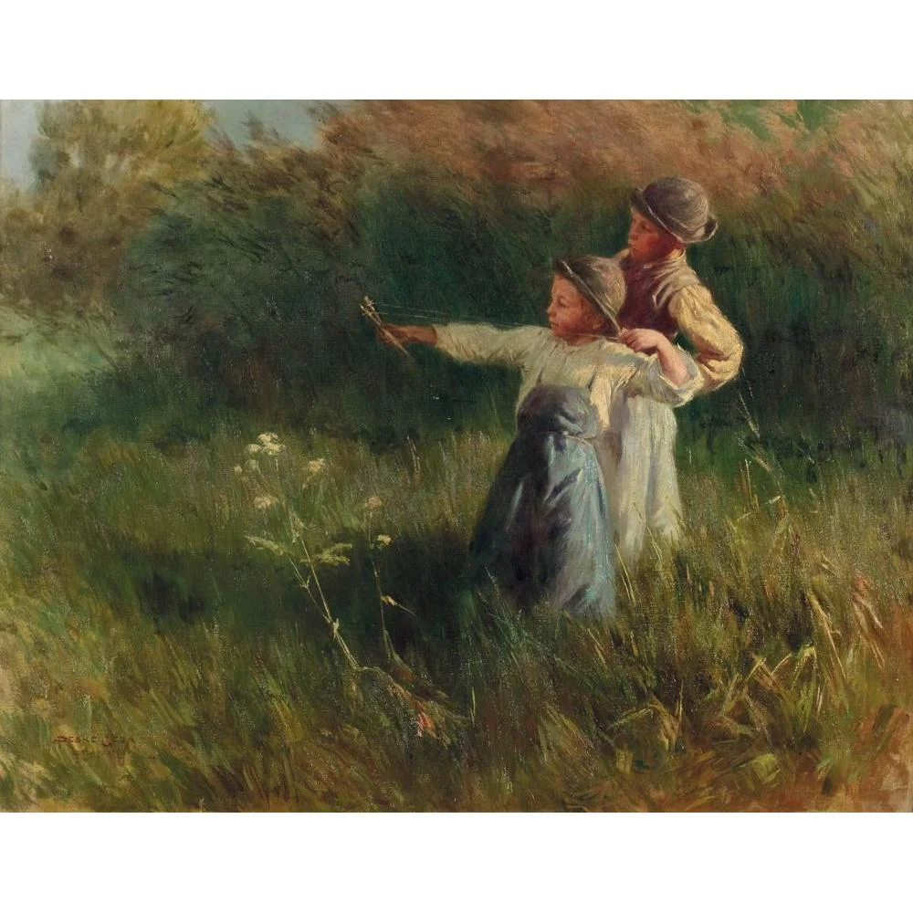 Géza Peske 18x15 Black Ornate Wood Framed Double Matted Museum Art Print Titled - Two Boys with Stone Slingshot on the Summer Meadow