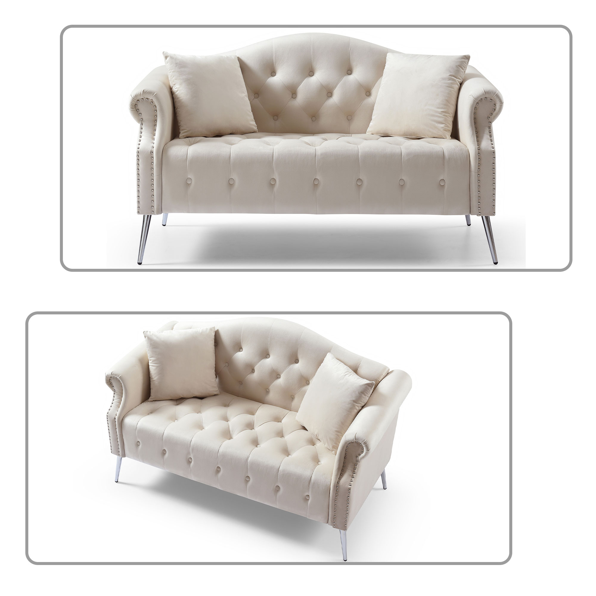 Modern Elegant Style Velvet Fabric Button Tufted Loveseat Sofa with Roll Armrest, 2 Pillows and Metal Legs for Living Room, Bedroom, Beige