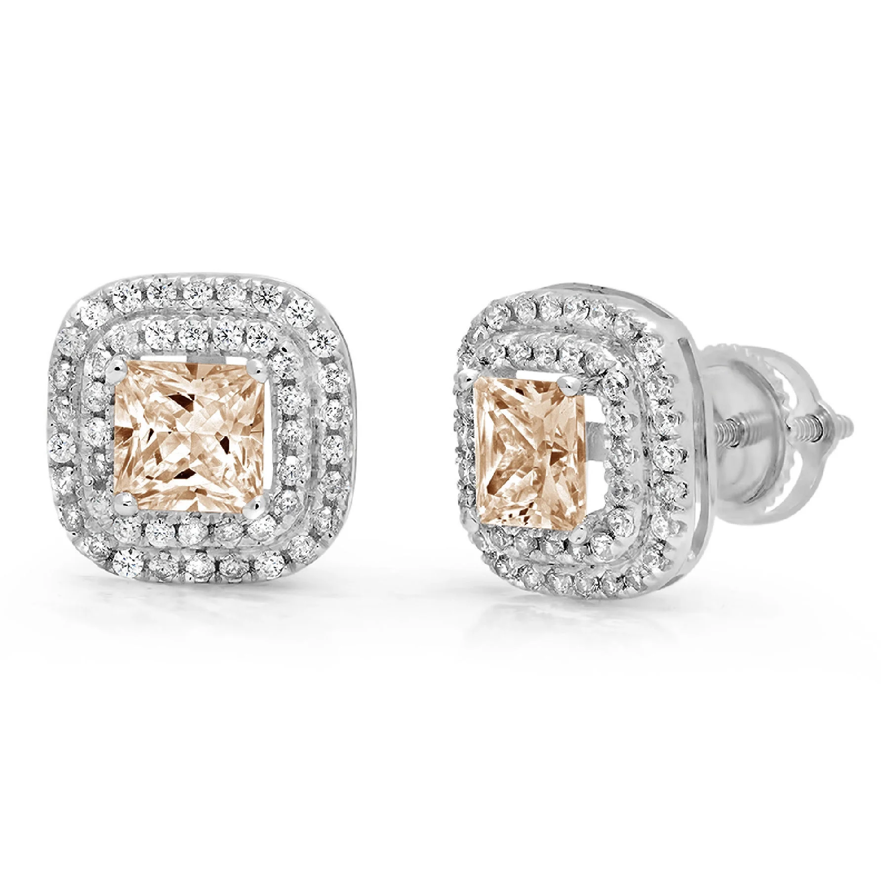 2.46 ct princess cut halo studs champagne simulated diamond 18k white gold earrings screw back