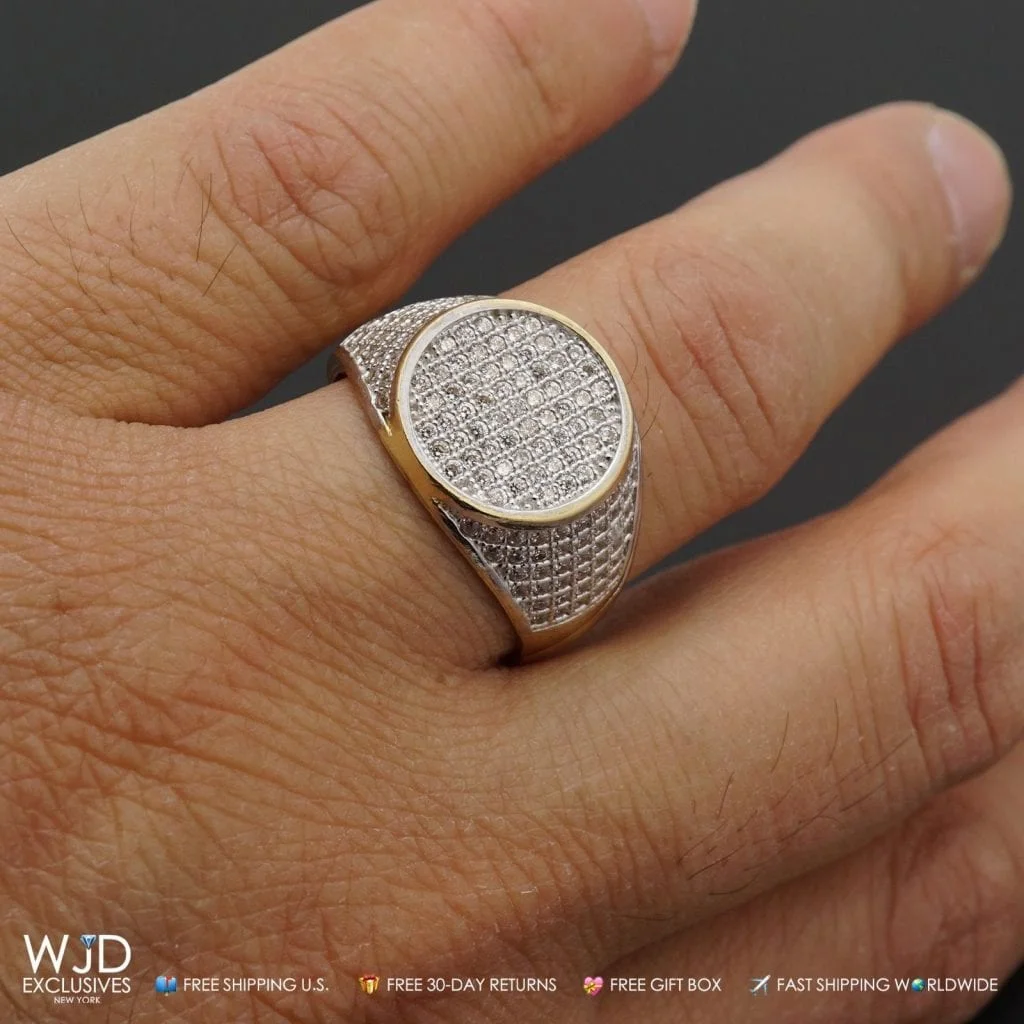 Men's 10K Yellow Gold 1.50Ct White Pave Created Diamond Signet Ring Size 8-12