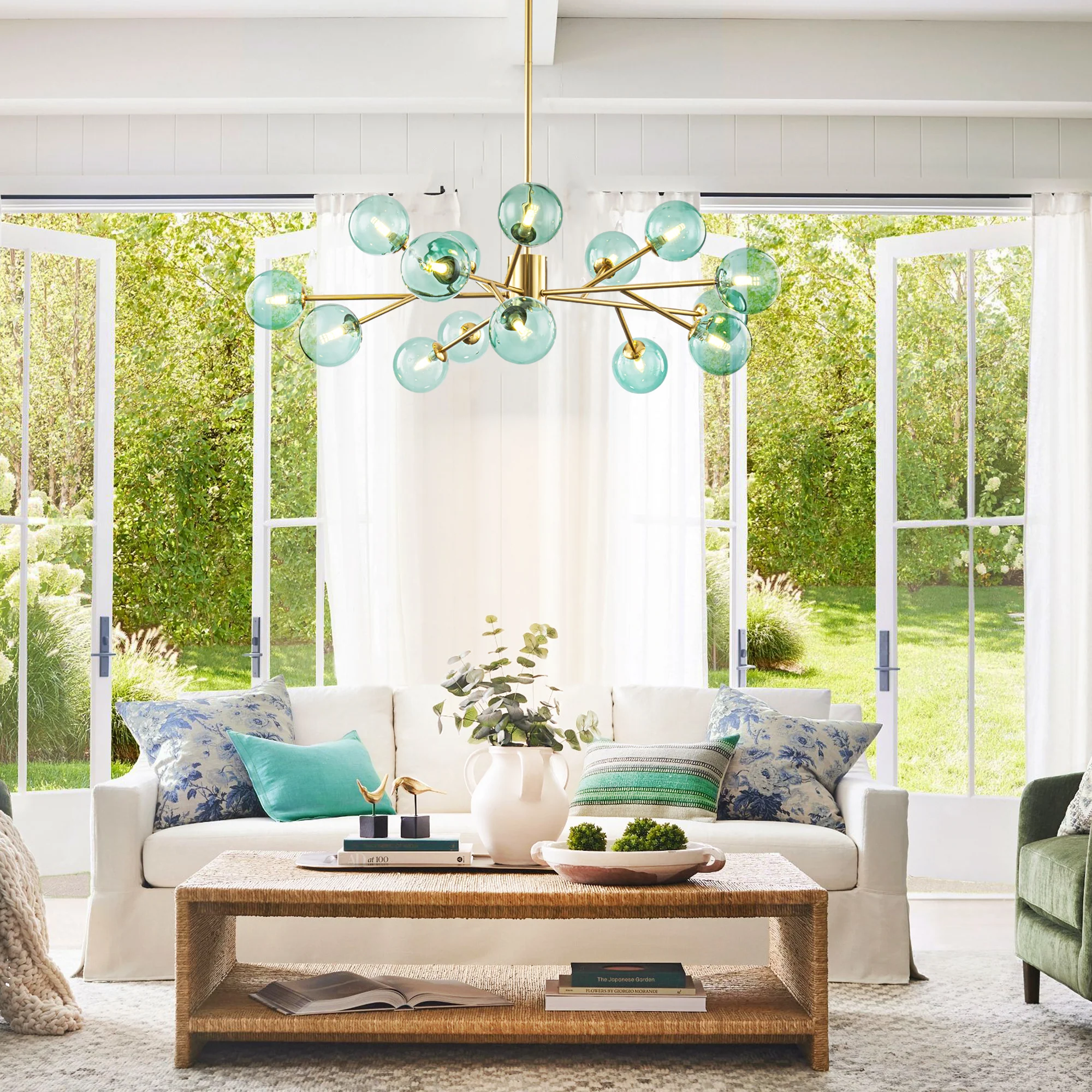 Dresqui 15-Light Dimmable Transitional Green Glass Bubble Chandelier (40)