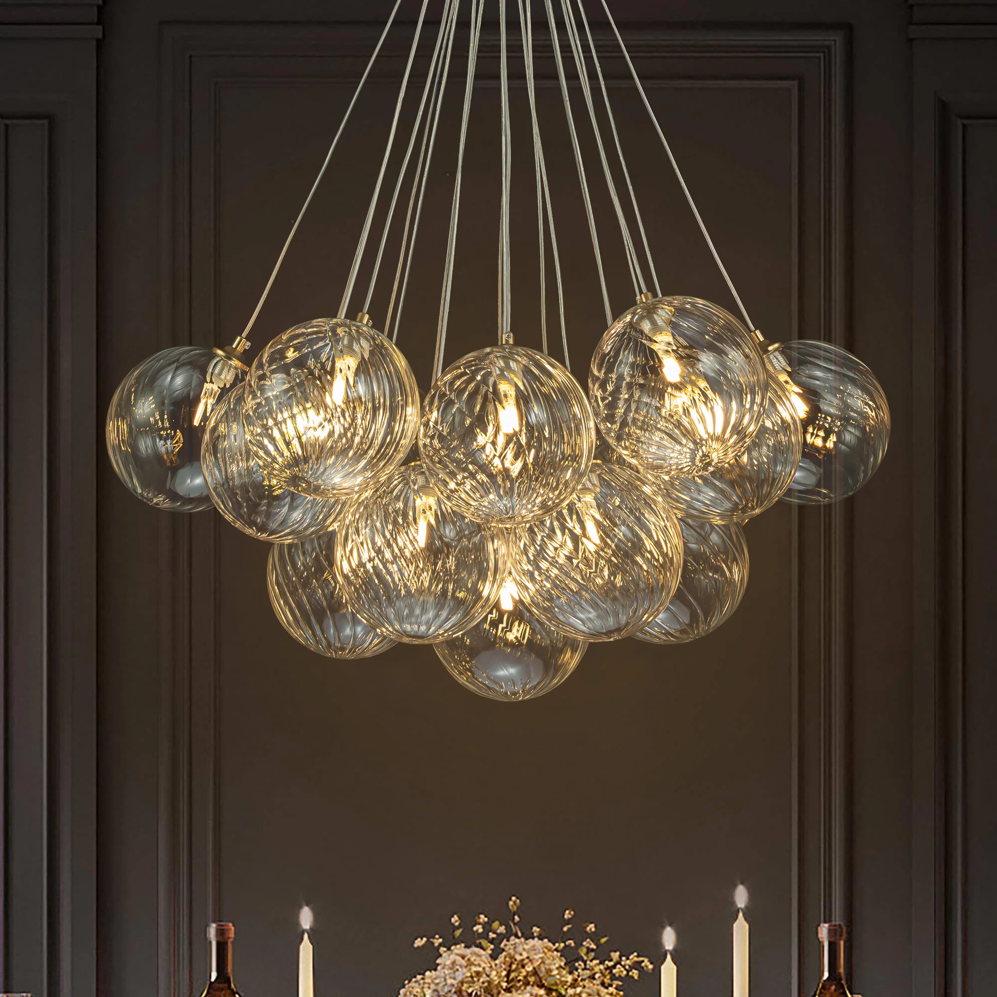 Dresqui 13-Light Dimmable Ribbed Glass Modern Bubble Chandelier (25-29)